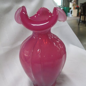 Vintage Fenton Cranberry Opalescent Glass Ruffled Vase