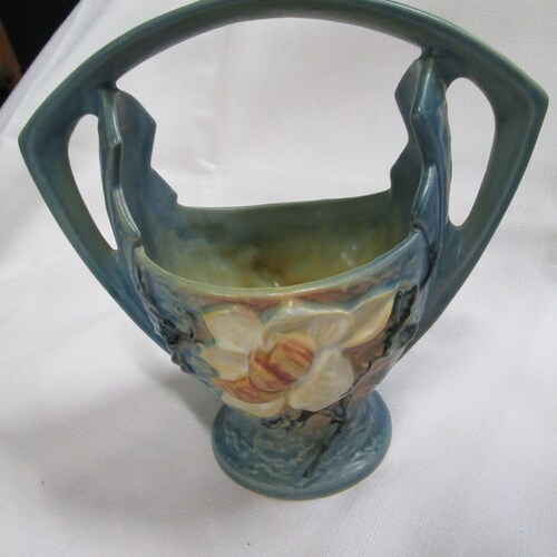 Vintage Roseville Pottery 383-7 shops Blue Magnolia Handled Basket