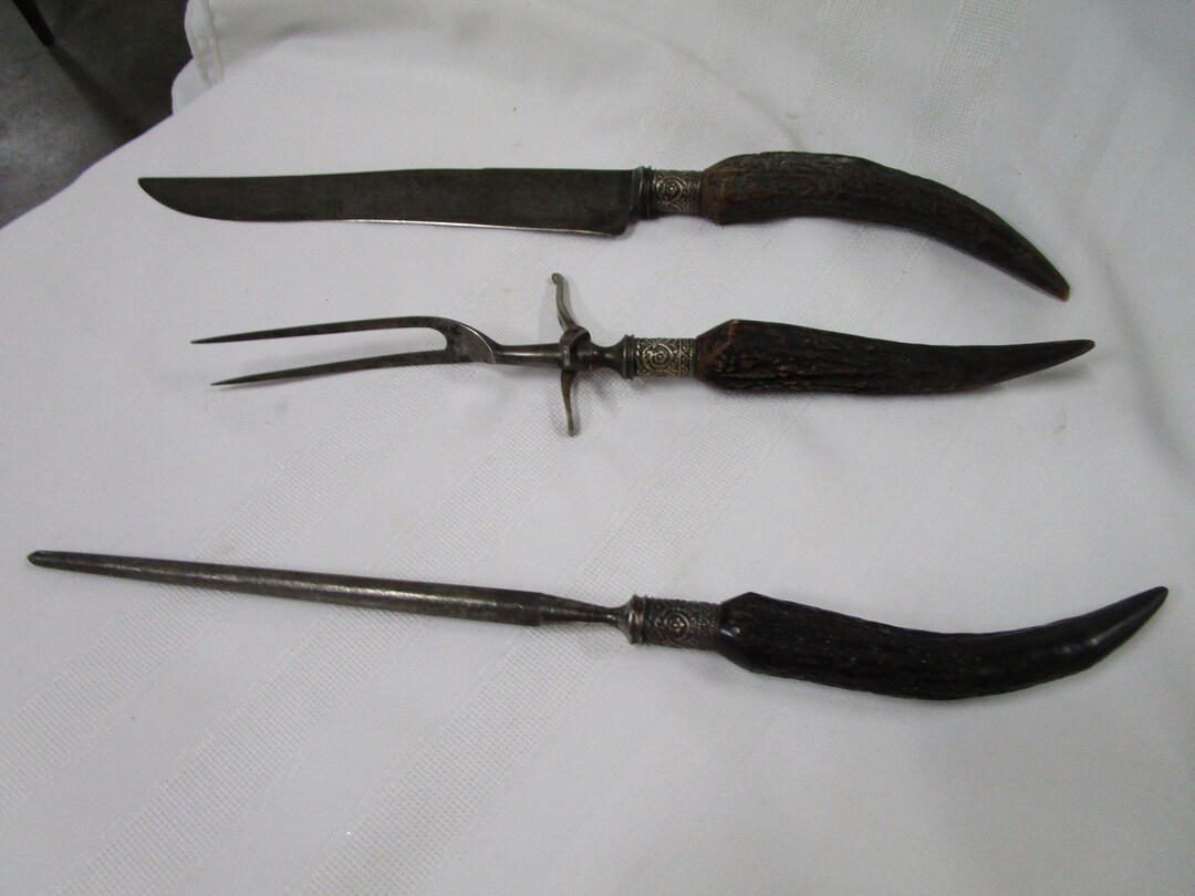Antique J Russel & Co Staghorn Handle Carving Set Etsy