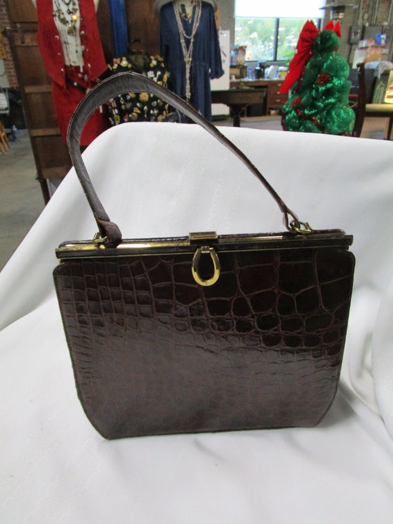 1960's Brown Alligator Womens Leather Handbag Purs