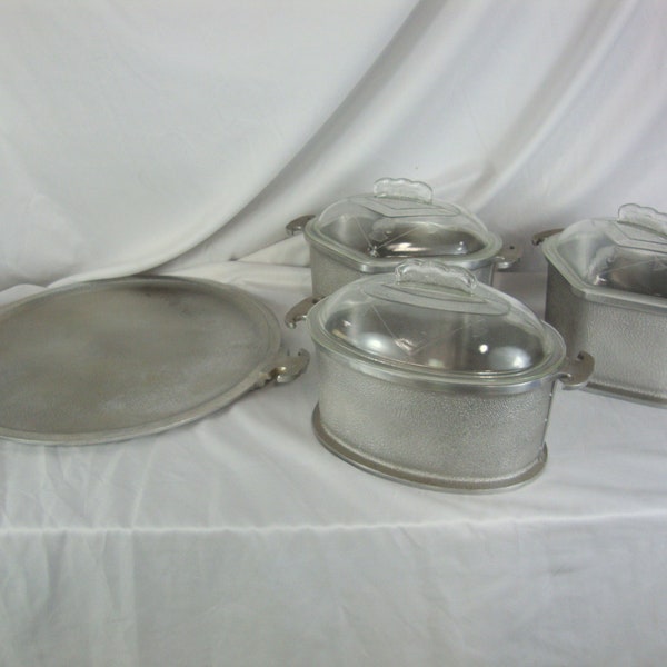 Vintage Guardian Service Aluminum (3) Serving Dishes with Glass Lids and (1) Handled Platter
