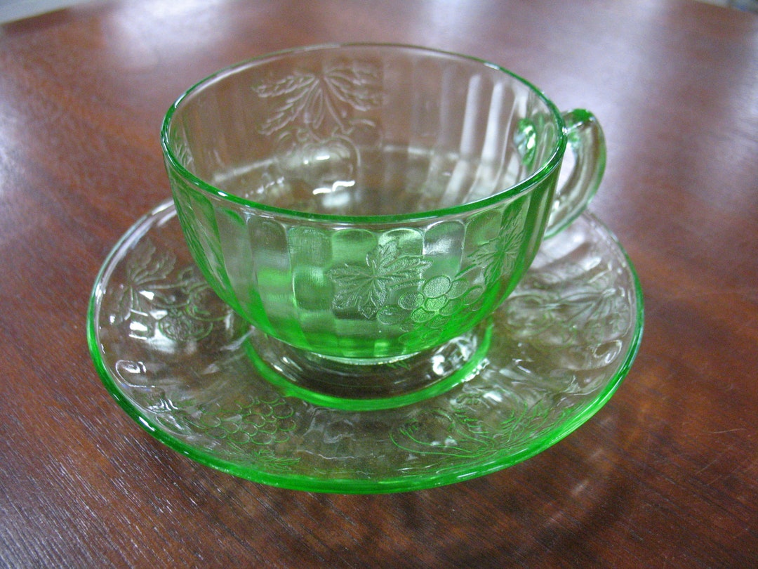 Vintage Hazel Atlas Vaseline Glass Teacup and Saucer Set Etsy