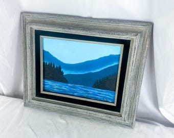 Framed Signed Blue Lake Landscape Oil on Canvas Painting