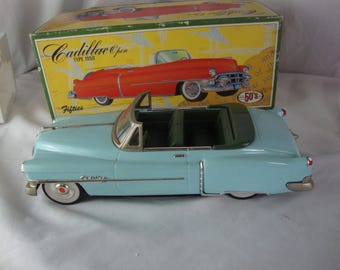 Vintage Japan Cadillac Open Type 1950 Aqua Tin Friction Toy Car with Original Box