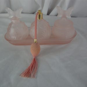 Vintage Lily of the Valley Pink Satin Glass Vanity Perfume Bottle Set with Tray