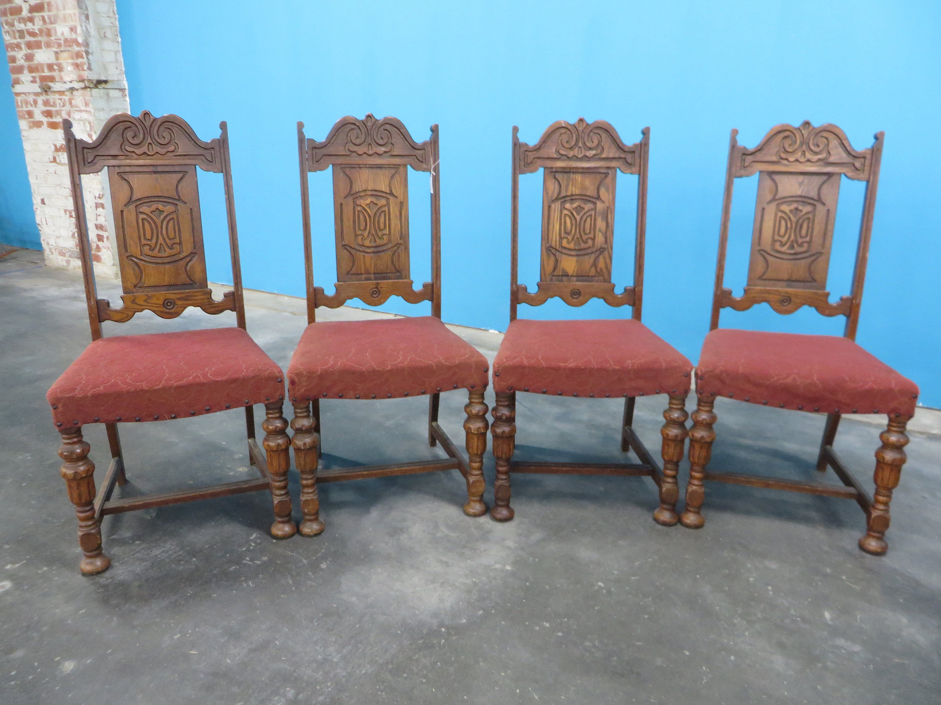 Antique Jacobean Upholstered Chairs with Carved Backs Set of 4 Etsy