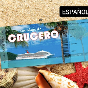 May include: A blue and white cruise ship ticket with the text "un viaje de CRUCERO" and "Tarjeta de Embarque VIP" in Spanish. The ticket has a barcode and spaces for passenger, departure, destination, and date.