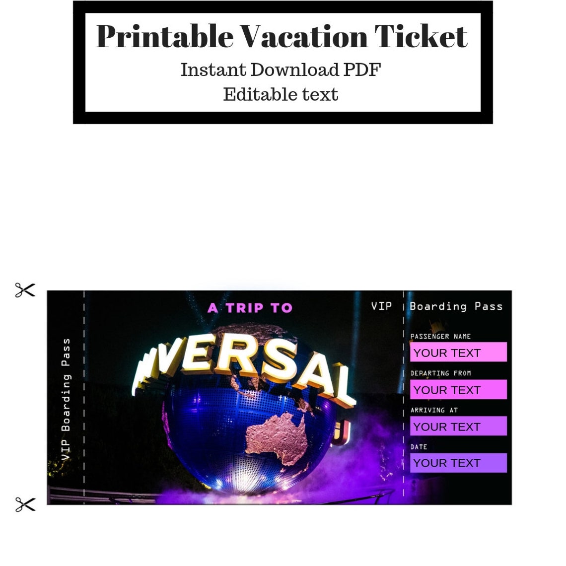 Customizable Boarding Pass A Trip to Universal Studios Surprise Trip