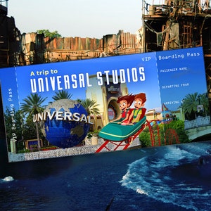 Tarjeta de embarque personalizable - Un viaje a Universal Studios / Boleto de viaje sorpresa a Universal Studios / Boleto de vacaciones imprimible