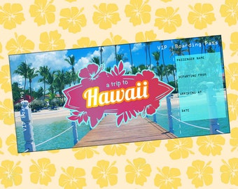 May include: A blue and pink boarding pass with the text "VIP Boarding Pass" and "a trip to Hawaii". The pass has fields for passenger name, departing from, arriving at, and date.