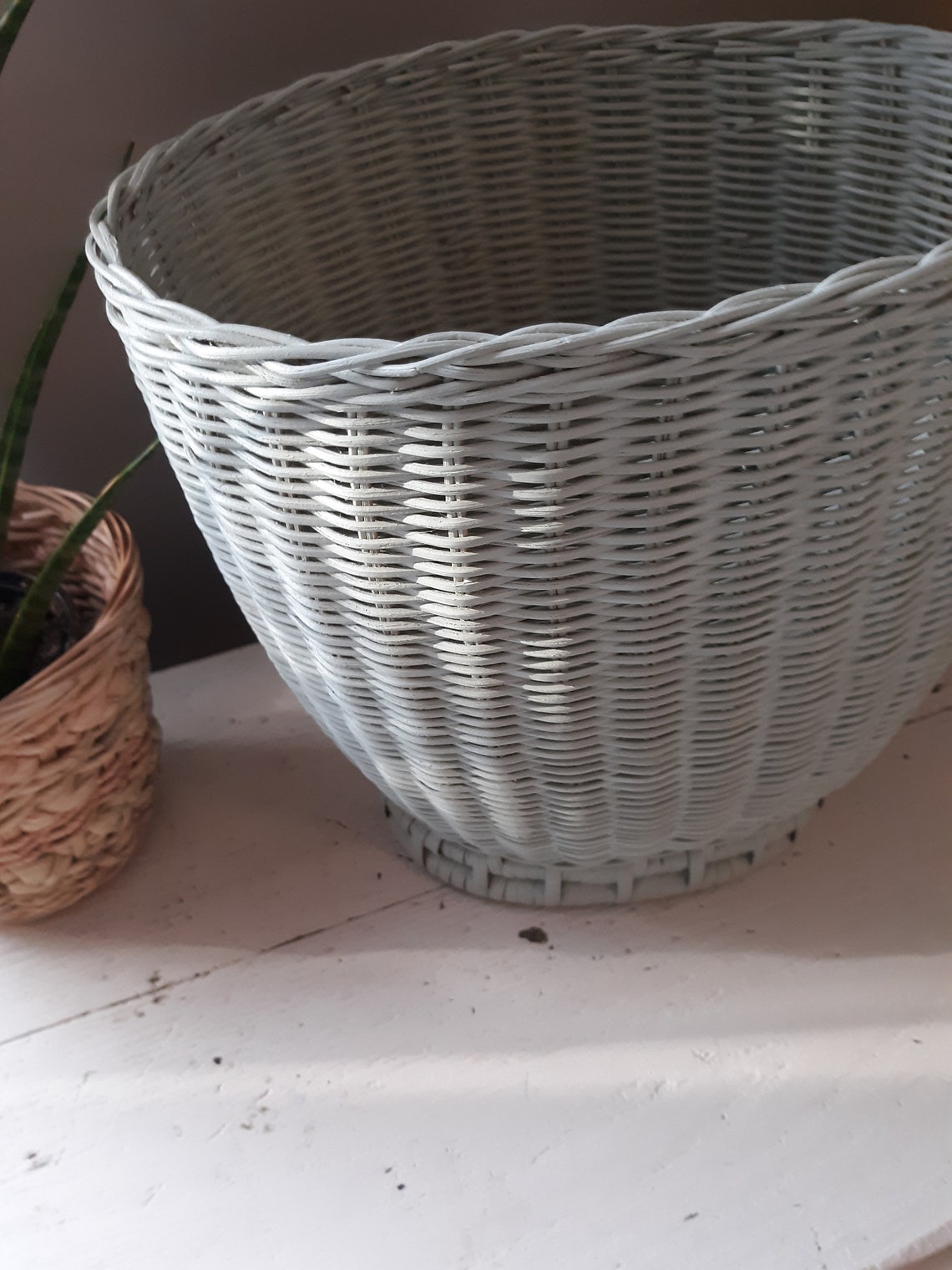 Vintage Sage Green Wicker Basket Waste Can Plant Holder Etsy