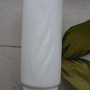 Vintage Milk Glass Cylinder 7.5 Vase Opaque White Raised Leaf Flame Design