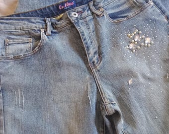 Y2K Distressed Pearl and Rhinestone Embellished Wide Leg Jeans LA Blues Size 12      101