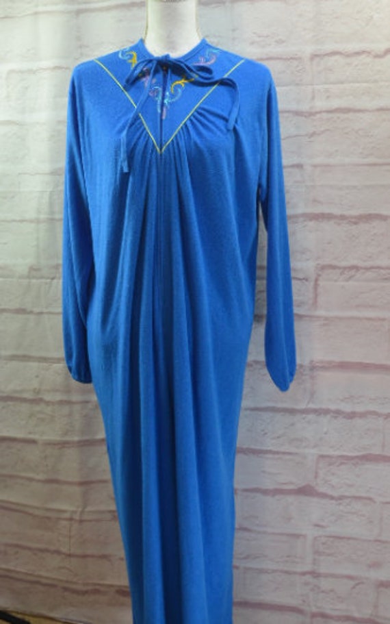 70's Caftan Robe in Royal Blue with Bright Stitch… - image 1