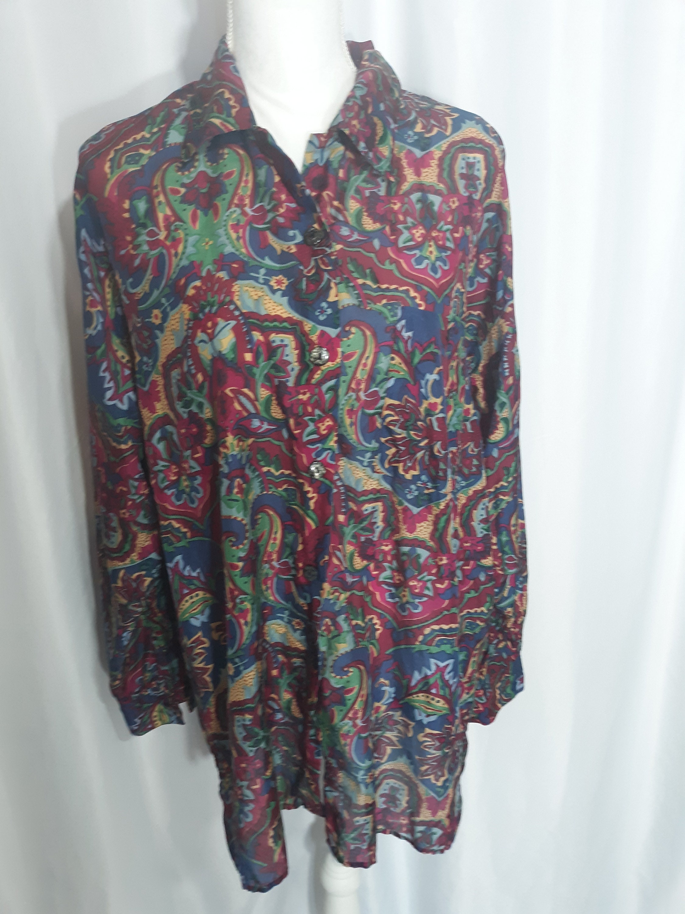 Vintage Silk Jewel Tone Blouse Paisley Women's Large Long | Etsy