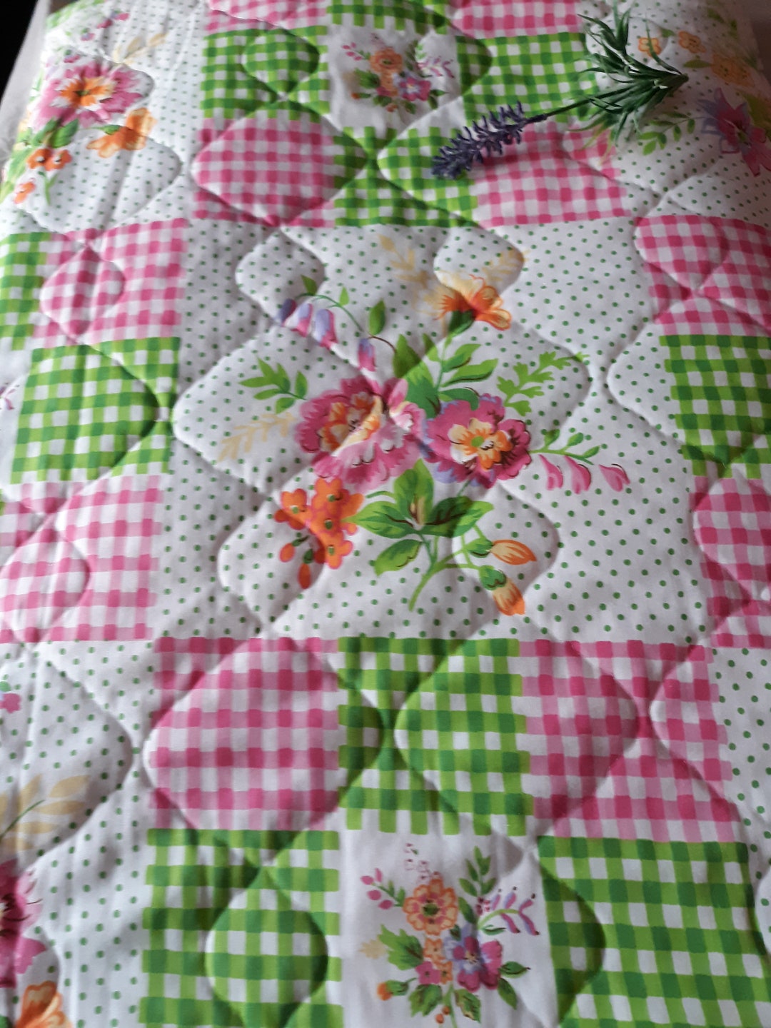 Vintage Twin Quilt Gingham Print Dots Floral Pink and Green Etsy