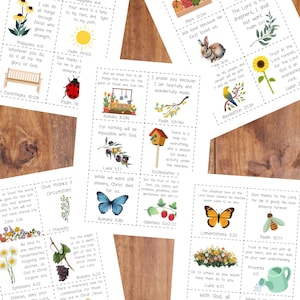 Può includere: Tre fogli di carta bianca con una griglia di cartoncini rettangolari, ognuno contenente un'illustrazione colorata e un versetto biblico. Le illustrazioni includono animali, piante e scene naturali, con linee tratteggiate che separano le carte.