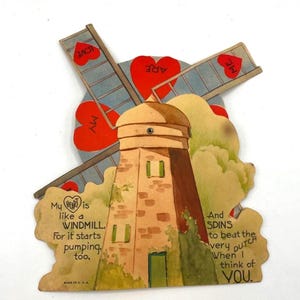 Vintage beweegbare Valentijnsdagkaart uit de jaren 1930 Windmolen die beweegt met hartjes erop