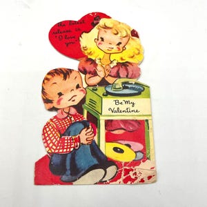 Vintage 1930s Stand Alone Valentine's Day Card of A Little Girl and Little Boy Listening to Records