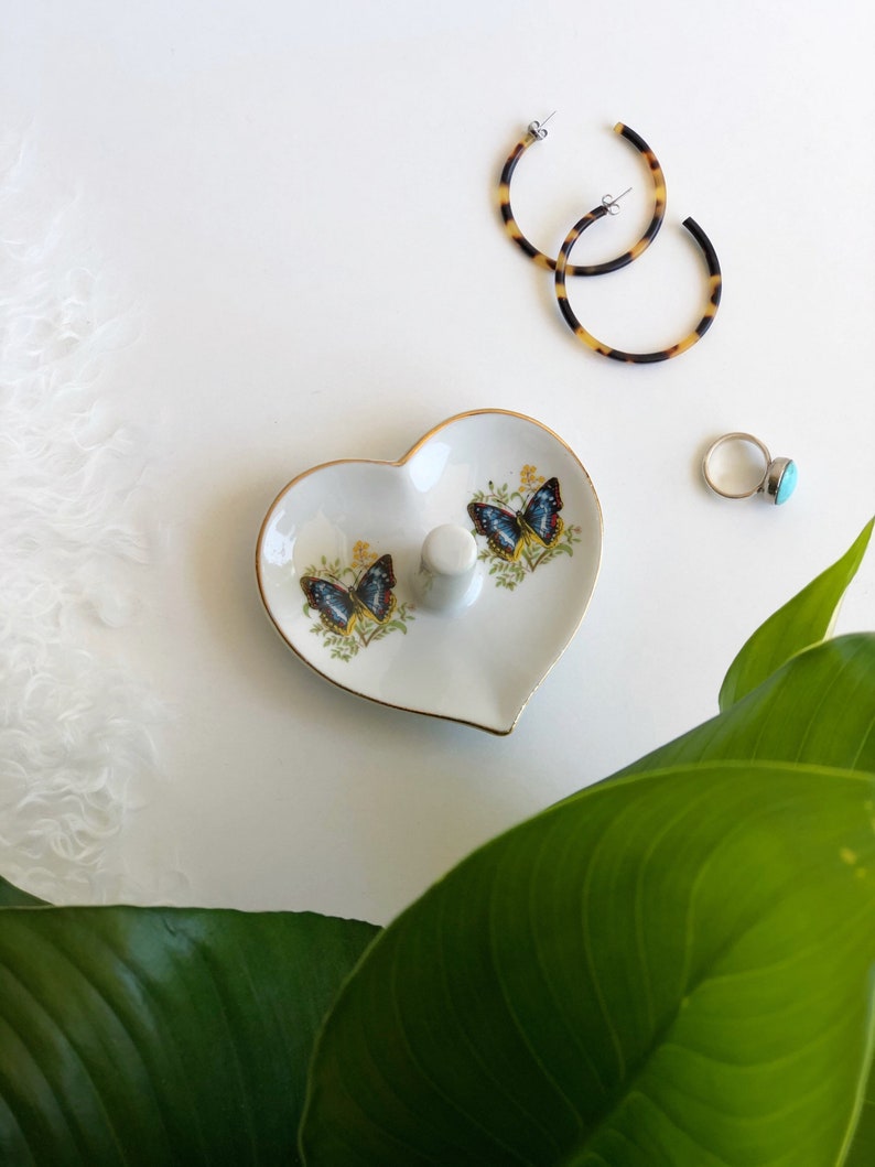 Bohemian Jewelry Storage Vintage Japan Heart Shaped Butterfly White Ceramic Ring Dish Vintage Jewelry Display