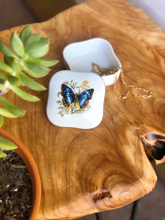 Boho Wildflower Butterfly White Ceramic Keepsake … - image 1