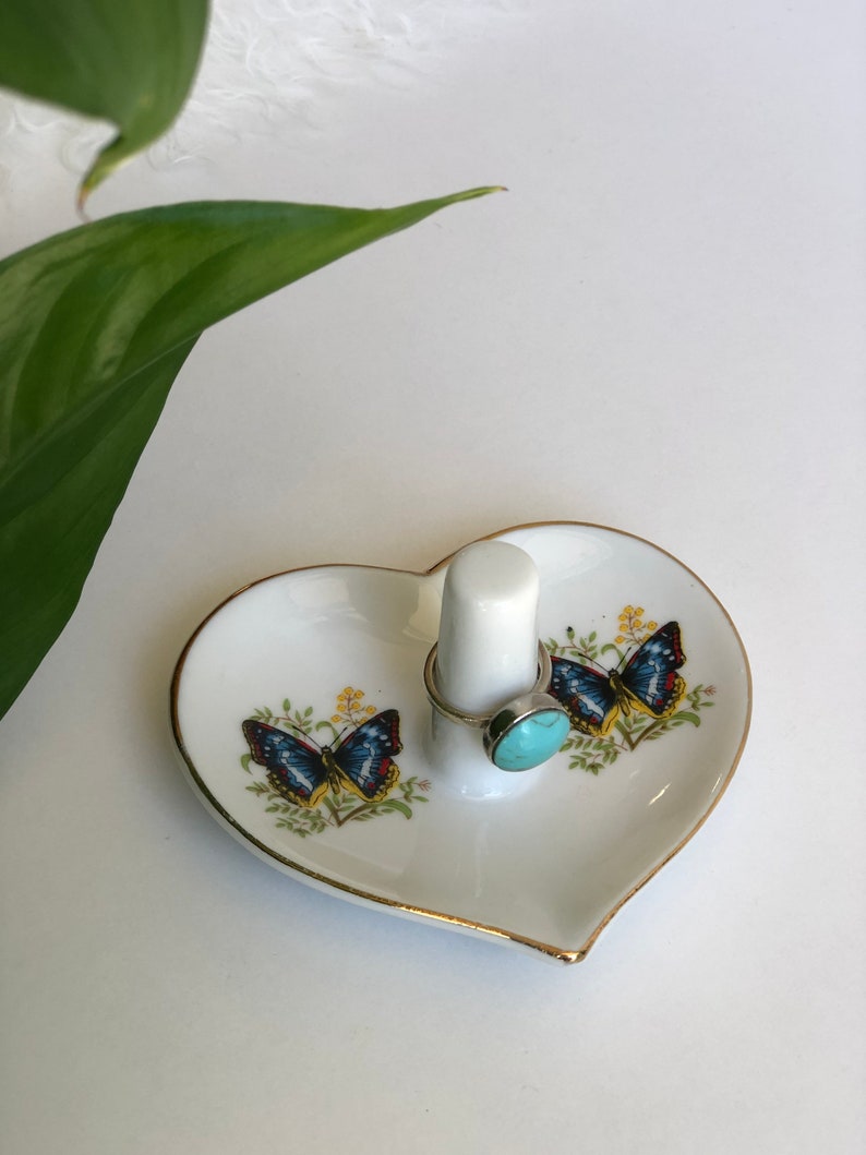 Bohemian Jewelry Storage Vintage Japan Heart Shaped Butterfly White Ceramic Ring Dish Vintage Jewelry Display