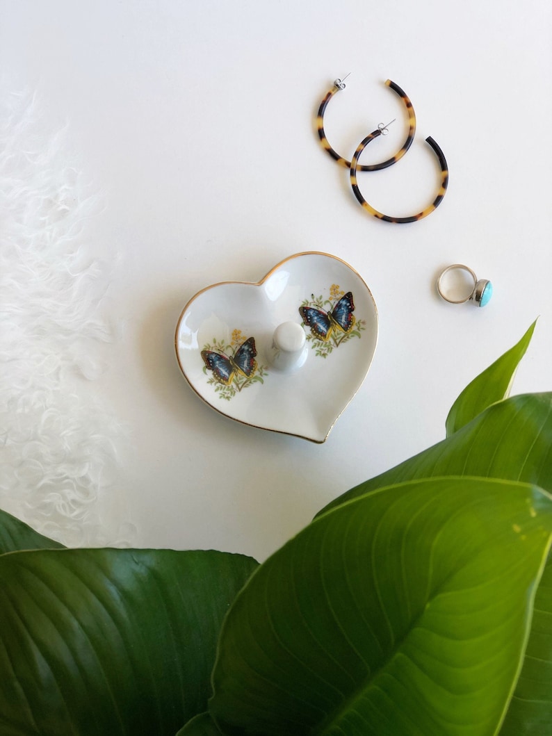 Bohemian Jewelry Storage Vintage Japan Heart Shaped Butterfly White Ceramic Ring Dish Vintage Jewelry Display