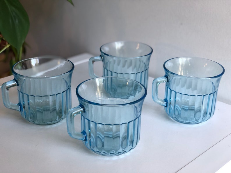 1970s Mexico Fortecrisa Aqua Blue Ribbed Glass Coffee Mugs Etsy