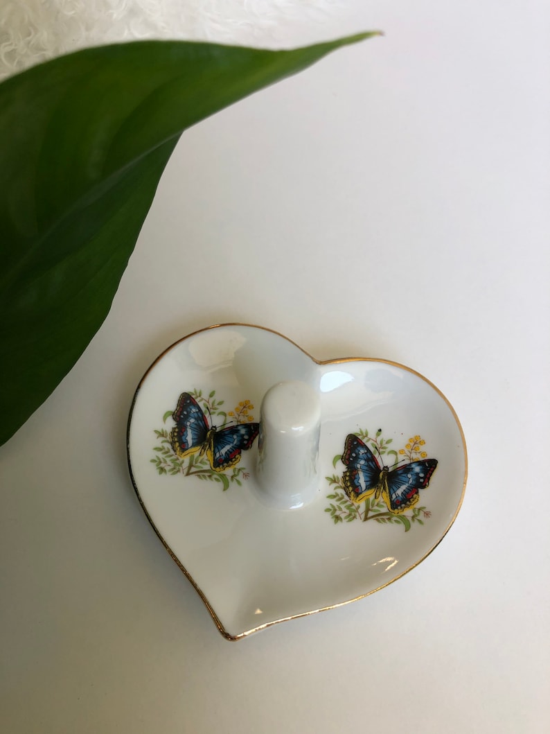 Bohemian Jewelry Storage Vintage Japan Heart Shaped Butterfly White Ceramic Ring Dish Vintage Jewelry Display