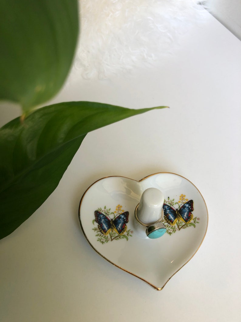 Bohemian Jewelry Storage Vintage Japan Heart Shaped Butterfly White Ceramic Ring Dish Vintage Jewelry Display