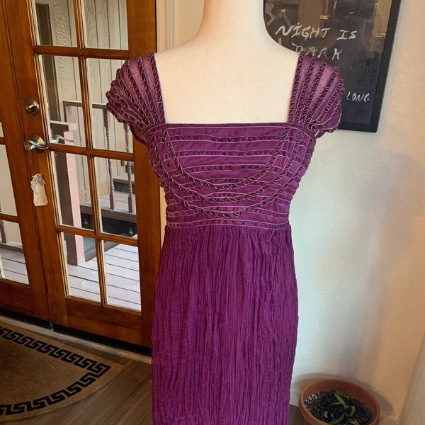 80s 90s Vintage Purple Grecian Goddess Inspired Dress - Purple Formal Dress with Velvet and Beading - Grecian Style Prom / Bridesmaid Dress