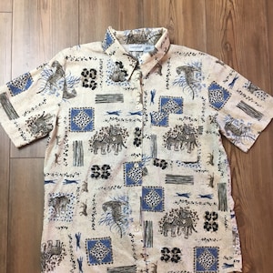 90s Vintage Animal Print Button Down Shirt - Tiger + Leopard Abstract Print in Neutral Tones - Women&#39;s Short Sleeve Collared Shirt - Medium
