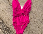 80s 90s Vintage Hot Pink One Piece Swimsuit w Deep V Neckline - Sexy 80s Swimwear - Neon Pink Bathing Suit - E Stewart Vtg Size 10 Swimsuit