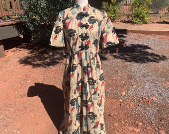 Vintage Cheongsam Dress with All Over Print Faces - One of a Kind Vintage Dress - Empire Waist Cheongsam Inspired Maxi - Japanese Fashion
