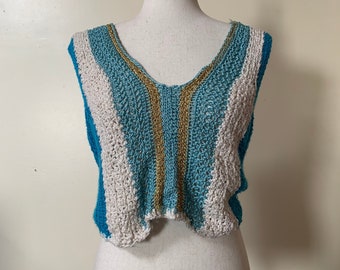 70s Vintage Knit Crop Top - Boho Vintage Top - 1970s Knit Shirt - Festival Style Top - Blue and Gold Tank - Sleeveless Sweater - Sm / Medium
