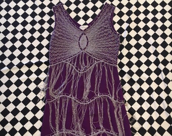 80s Vintage Beaded Fringe + Rhinestone Dress - Purple Flapper Style Beaded Dress - 80s Does 20s Style - Women Size XS Bedazzled Formal Dress