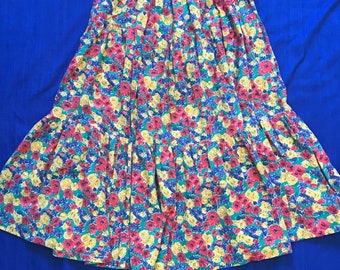 Colorful Vintage Western Inspired Midi Skirt in Bright Multicolor All Over Print Floral Pattern - Large Primary Colors Boho Three Tier Skirt