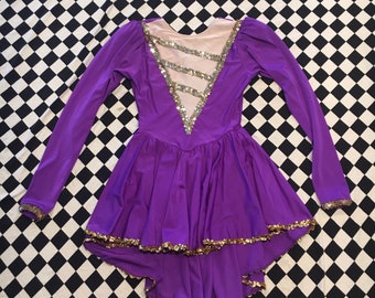 1980s Vintage Majorette Dress - Purple + Gold Sequin Dance Dress - Hi Lo Mullet Skirt Majorette Costume - Pep Threads Size Small Costume