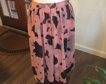 80s Vintage Pink Cow Print Skirt - Pink + Black Silk Midi Skirt w/ Abstract Cow Pattern - 1980s FR Brand Skirt - Women's Size Medium Skirt