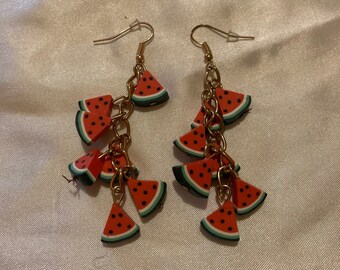 Watermelon Dangle Earrings - Fruit Themed Jewelry - Watermelon Fruit Earrings - Colorful Statement Jewelry - Artsy Fun Creative Jewelry