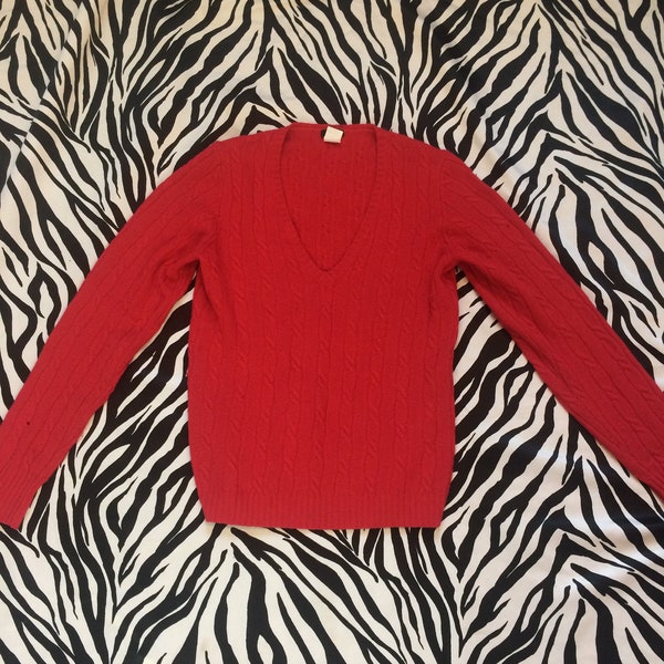 Vintage J Crew Cable Knit Sweater in Bright Watermelon Red - Size Small - Womens V Neck Pullover - Merino Wool, Angora Rabbit Fur, Cashmere