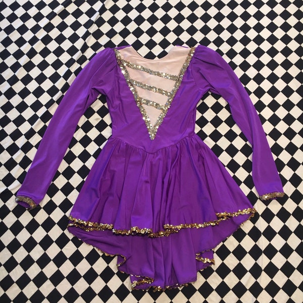 Vestido de Majorette vintage de los años 80 - Púrpura + Vestido de baile de lentejuelas doradas - Traje de Majorette de falda Hi Lo Mullet - Pep Threads Size Small Costume