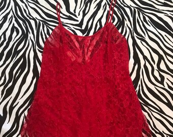80s 90s Vintage Victoria&#39;s Secret Red Lace Short Slip - Sexy Red Lingerie - Gifts for Her - Sheer See Through Lacy Slip / Camisole - Size S