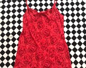 90s Vintage Rose Floral Print Semi Sheer Slip w Ruffle Bow Accents at Neckline - Sleepwear Lingerie Long Camisole Tank Top - Size Medium