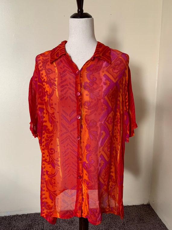 90s Vintage Fiery Orange, Red + Magenta Sheer Rayo