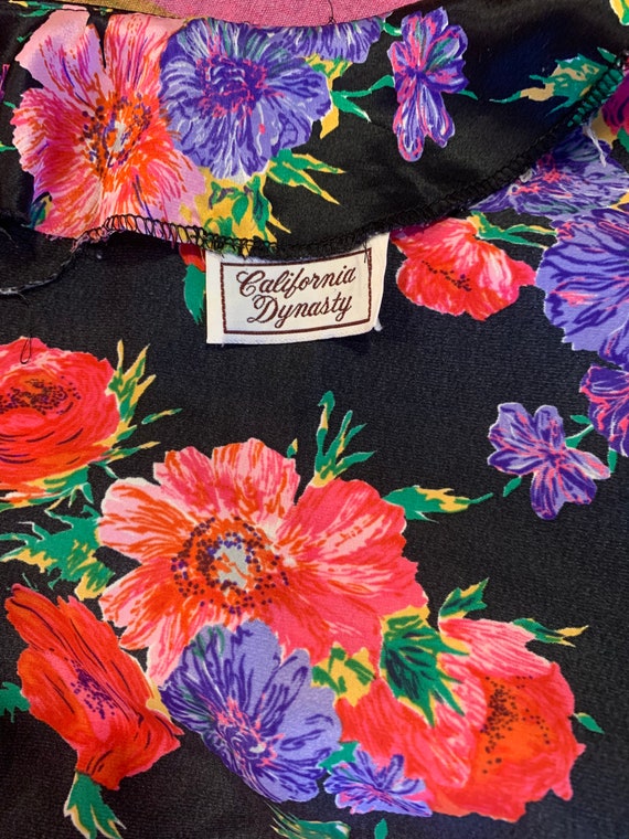 80s Vintage Silky Floral Print Robe - Black Satin… - image 10