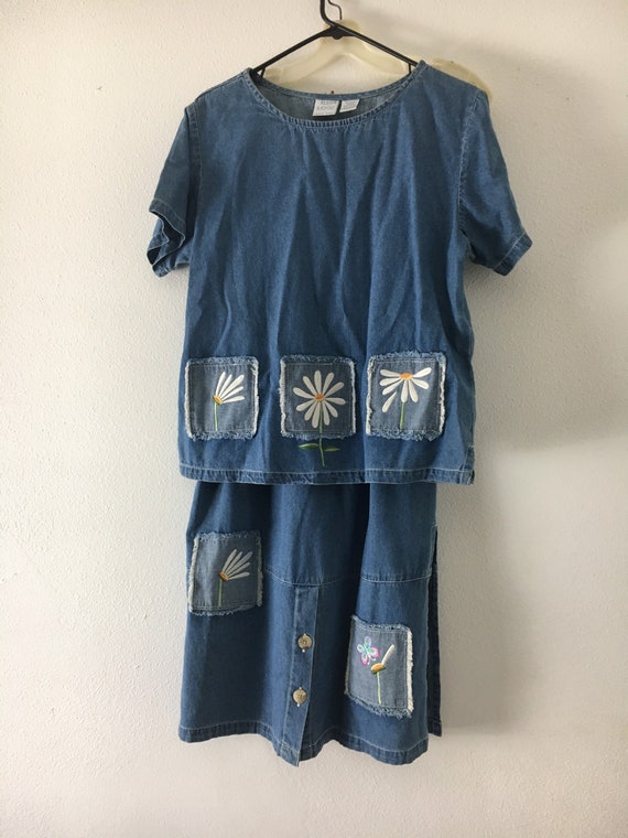 90s Vintage Two Piece Denim Set w/ Flower + Butter
