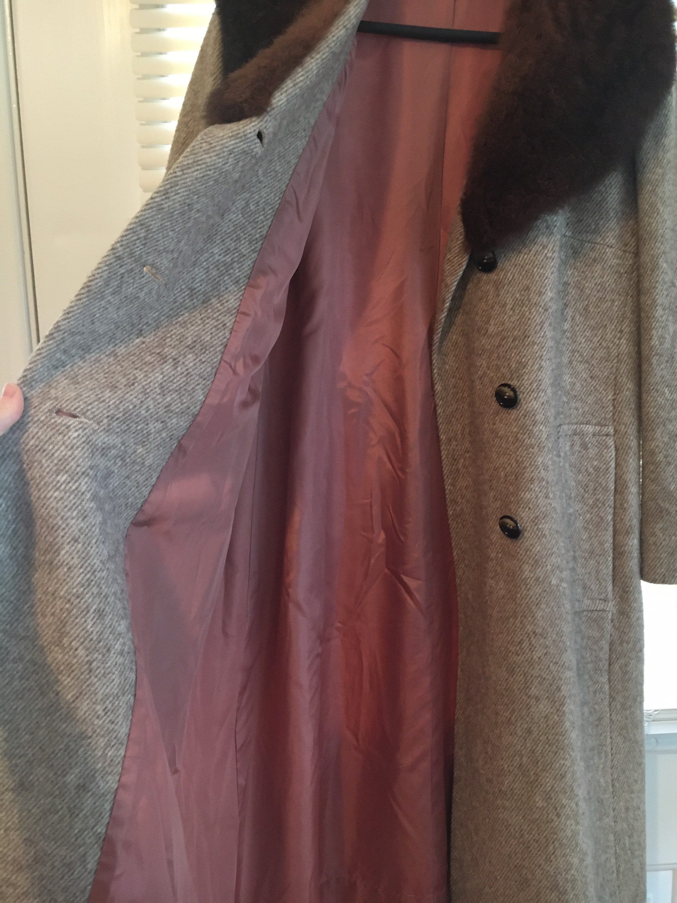 60s Vintage Wool Coat W/ Fur Collar - Fur Trimmed Grey