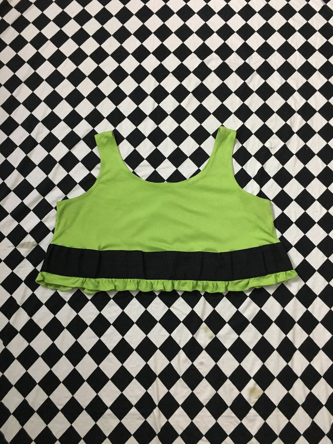 Green Vs Ruffly 90s Vintage Lime Green + Black Ruffly Crop Top - Bright Sleeveless ...