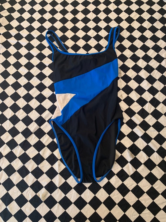 80s 90s Vintage Black + Blue One Piece Bathing Su… - image 1